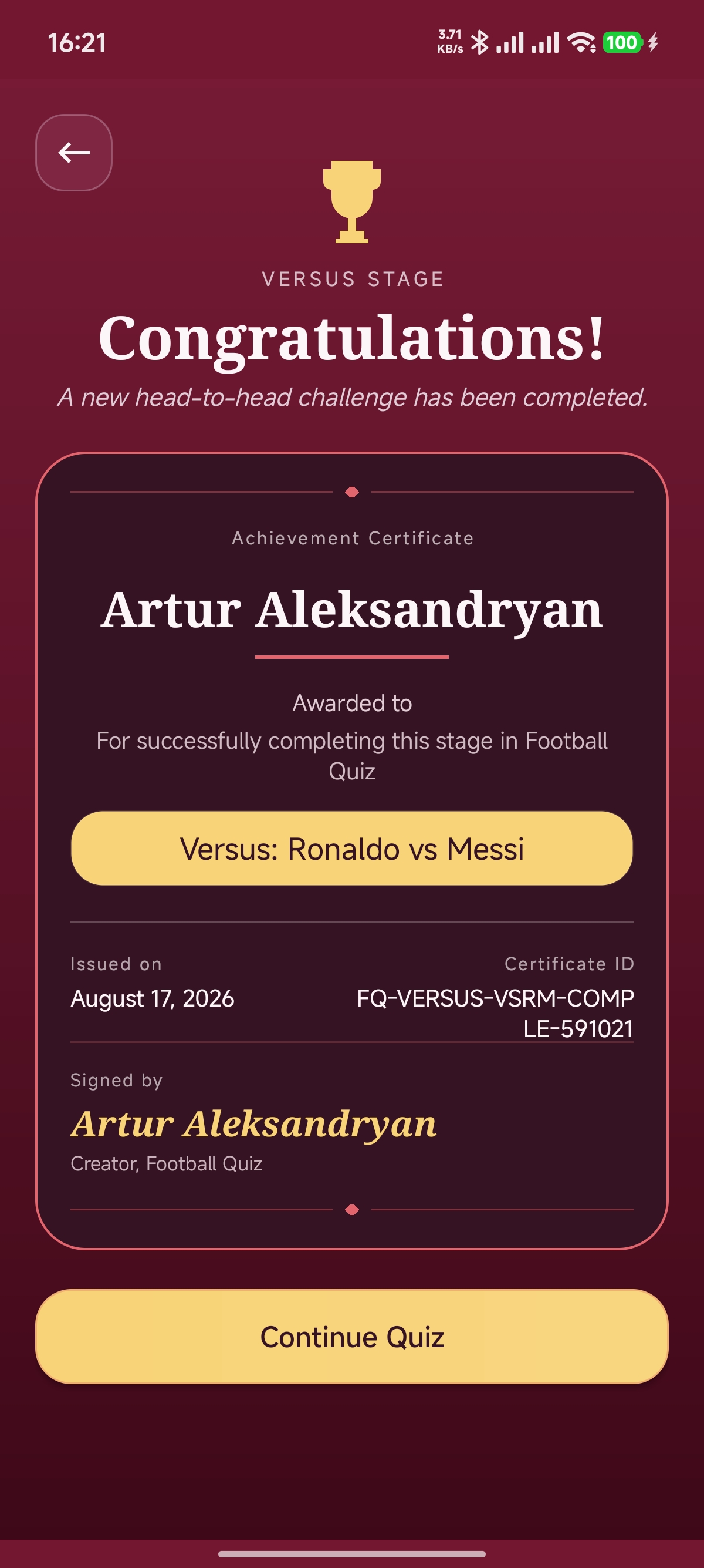 Achievement certificate screen in Football Quiz
